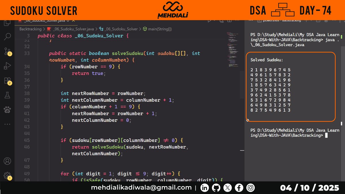 mehdiali_mk's tweet image. Sudoku Solver | DSA – DAY – 74
- Sudoku Solver Problem
Github Link: github.com/mehdiali-mk/DS…
LinkedIn: linkedin.com/in/mehdiali-mk/
#365DaysofCode #365dayscoding #100daysofcodechallenge #100daysofcode #LearnDSA #DSAinJava #JavaProgramming #AlgorithmDesign #CodingPractice #codedaily