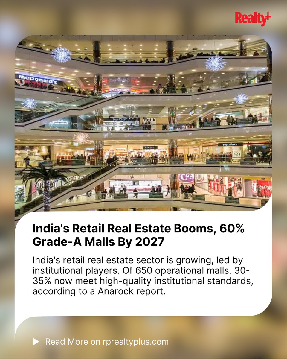 RPRealtyPlus's tweet image. India’s retail spaces are evolving fast!
By 2027, 60% of malls could be Grade-A  but what does this mean for shoppers, investors, and the future of retail? 

👉 Tap to explore the trend: rprealtyplus.com/news-views/ind…

#RetailRealEstate #GradeAMalls #AnarockReport #CommercialRealEstate