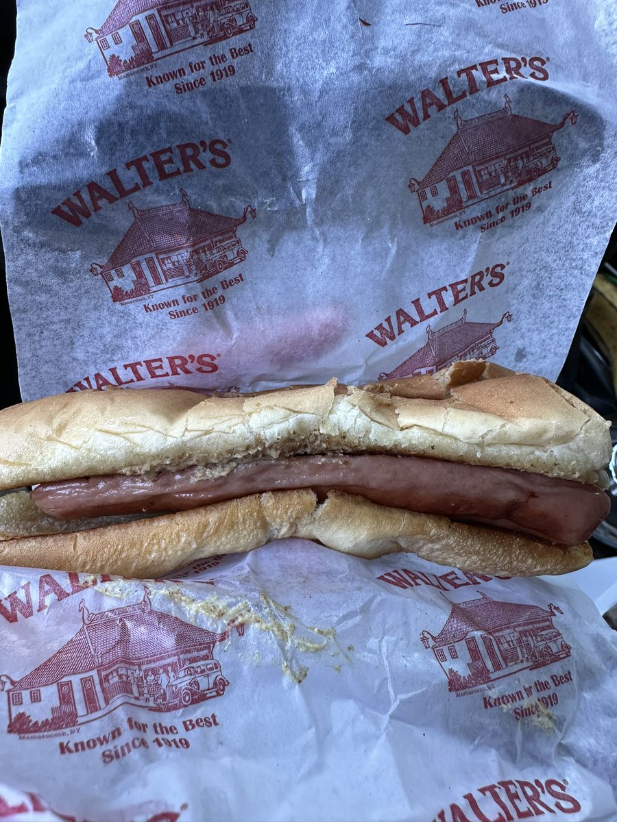 Hotdog from Walter’s in Mamaroneck, New York. The proprietary mustard contains a small amount of relish. I also had an Oreo milkshake which was yummy. Since 1919! #hotdog