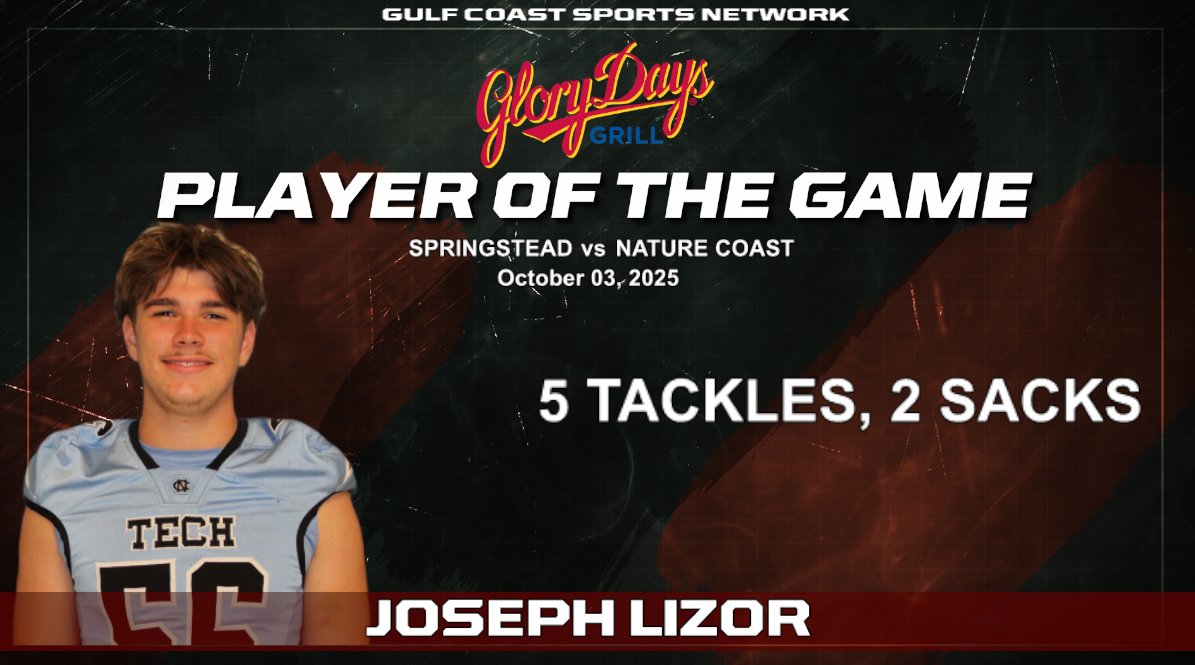 Gulf Coast Sports Network would like to congratulate Joseph Lizor for being named the Glory Days Player of the Game on our Oct 3, 2025 broadcast! Full replay on our YT channel! <a href="/NatureCoastFB/">Nature Coast Tech Football 🦈🏈</a> <a href="/NCTAthletics/">NCT Athletics</a> <a href="/HernandoCo_Ath/">Hernando School District Athletics</a> <a href="/352SouthFB/">352 South Football</a> <a href="/NorthSuncoastFB/">NorthSuncoastFB</a> #football #hsfootball
