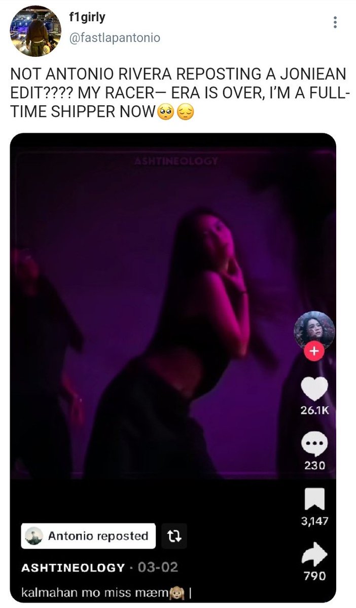 eyaamaru's tweet image. — #ashdres au

Fast laps, Faster hearts 

Antonio Rivera, F1’s golden boy, never made headlines outside the track—until he casually reposted a TikTok edit of Joniean, the nation’s idol.