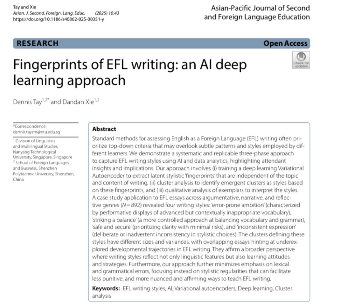A fun study we did on applying deep learning algorithms (variational autoencoders) to capture content-independent, latent writing styles in a large corpus of Chinese EFL essays. Open access at  rdcu.be/eI32A