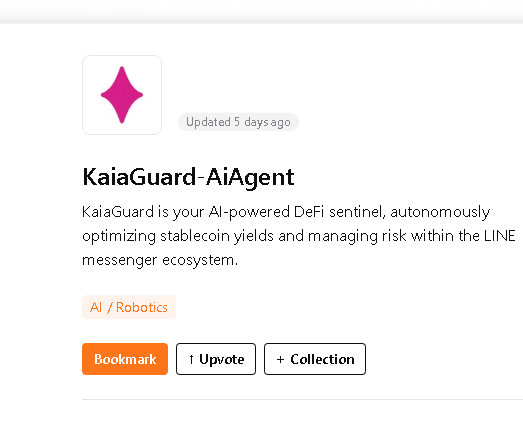 Introducing KaiaGuard : A project from <a href="/KaiaChain/">Kaia</a> hackaton 

🔹 Live DeFi Protocol

Real-time balance fetching ( $KAIA / $USDT )
Smart contract integration for vault delegation
AI-Powered Risk Agent: Risk assessment, sentiment alerts &amp; yield optimization

🔹 LINE Mini-DApp