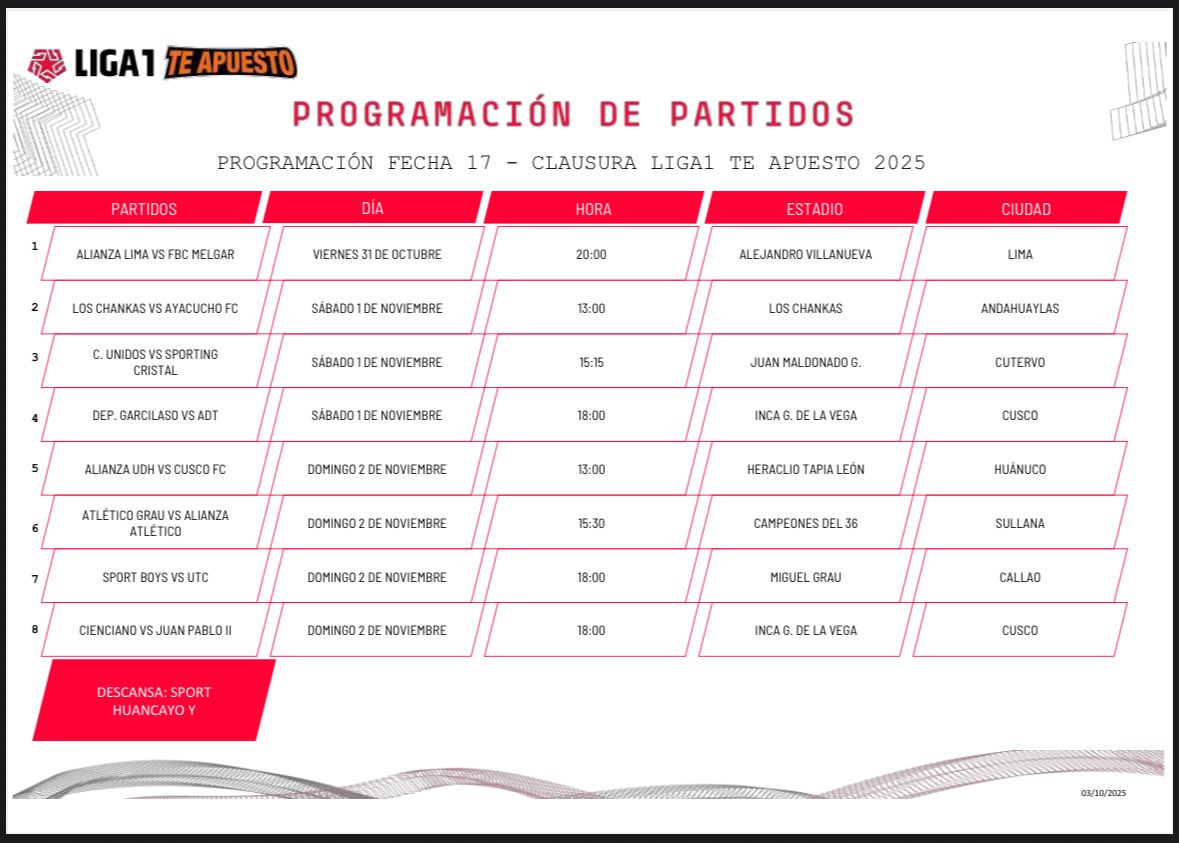 31 de octubre a las 8pm se jugará el Alianza Lima 🆚 Melgar por la fecha 17 del Torneo Clausura. Si, viernes 31, qué abuso con esa programación, terrible tráfico habrá. 

Por otro lado, Sporting Cristal juega el sábado, Cusco FC el domingo y Universitario descansa.