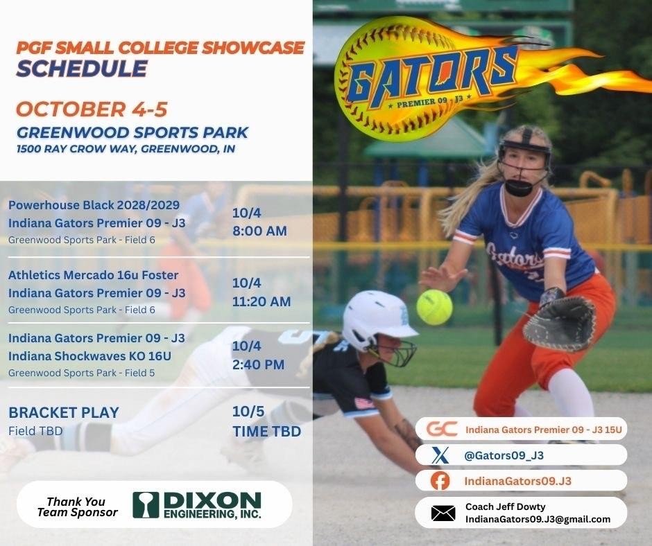 Back at it this weekend with  <a href="/Gators09_J3/">Indiana Gators Premier 09 - J3</a>  at the PGM college showcase in Greenwood,IN

<a href="/NIUSoftball/">NIU Softball</a> 
<a href="/SanJoseStateSB/">San José State Softball</a> 
<a href="/FCGrizSoftball/">Franklin College Softball</a> 
<a href="/StFrancissftbal/">🥎SAINT FRANCIS SOFTBALL🥎</a> 
<a href="/Huntington_SB/">Huntington Softball</a>