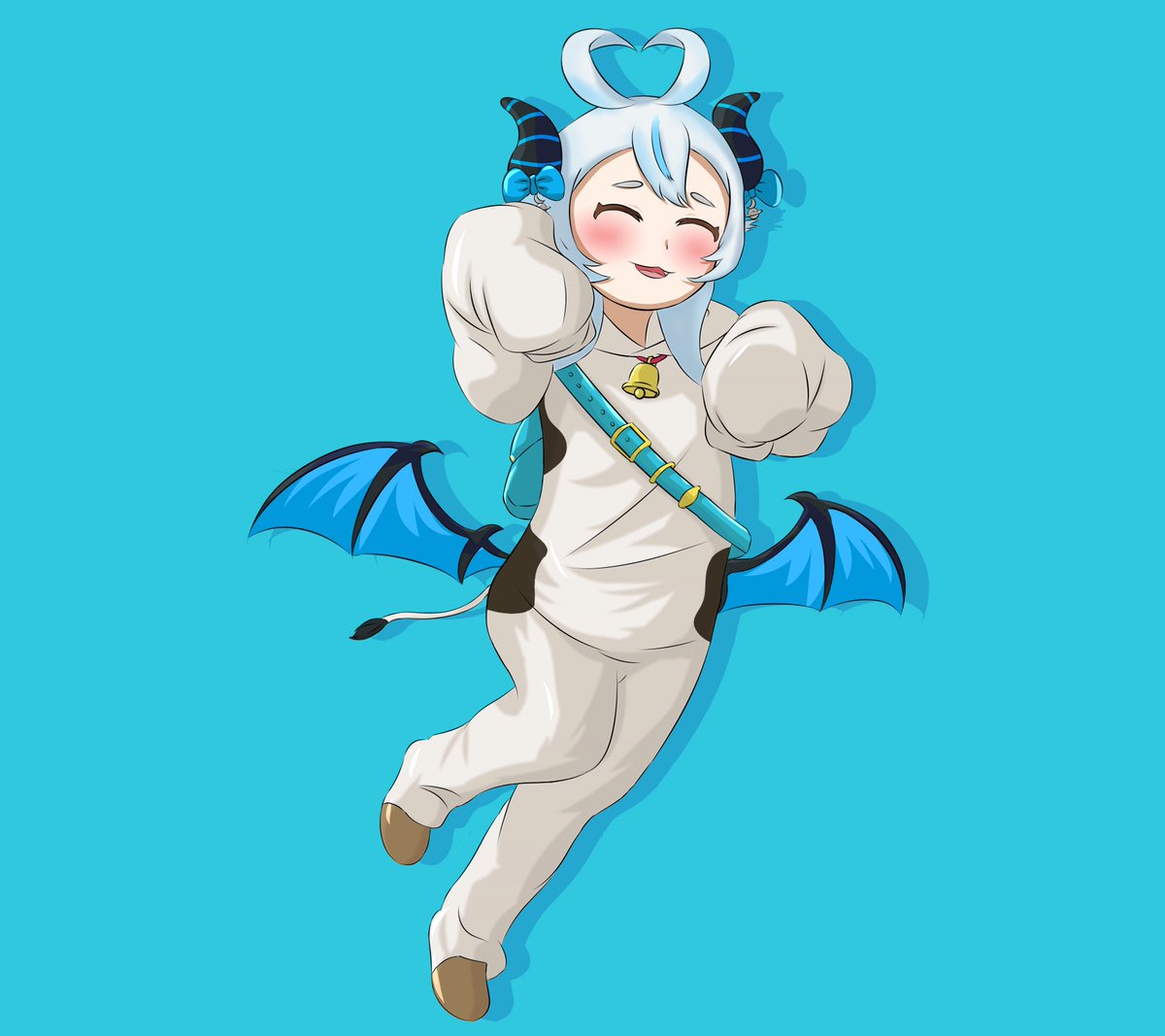 #AKGKart  
A cute koa enjoying her adorable little cow costume from 'STORY OF SEASONS: Grand Bazaar' looks so sweet aku↝🩵