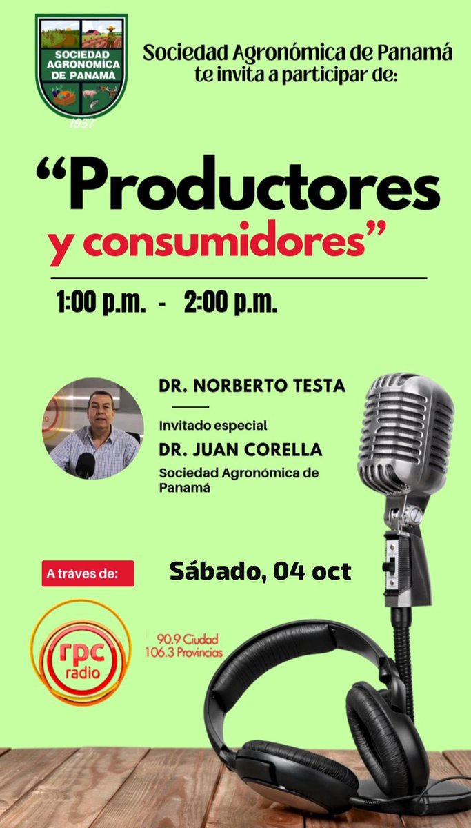 LuisAGonzalezS's tweet image. Los invitamos a sintonizar @rpc_radio con el Dr @NorbertoTesta @PyCAgro invitado especial de la SAP Dr Juan Corella @TReporta @MIDAPma @ECOSDELAGRO @atenogenesR @HugoFamania @EcoPanamaTV @X @USAmbassadorPAN @IMA_Pma @BDAPANAMA @CiudaddelSaber @FAOAmericas @VozdeAmerica