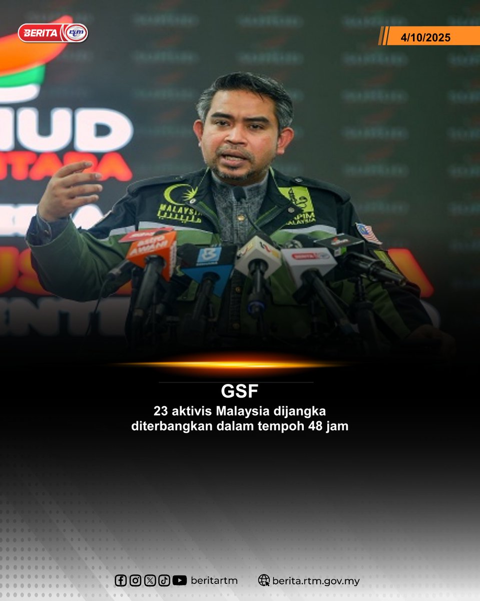 beritartm's tweet photo. Kesemua 23 peserta Malaysia Global Sumud Flotilla (GSF) yang kini ditahan Israel, dijangka diterbangkan dari Ashdod dalam tempoh 48 jam

https://t.co/OjV6pmygk5

'Yang sahih di RTM'
#RTM #BeritaRTM #MalaysiaMadani #TaatSetia #BersamaMALAYSIAKU #sumudflotila #SumudNusantara #GSF https://t.co/PB8MczEg9O