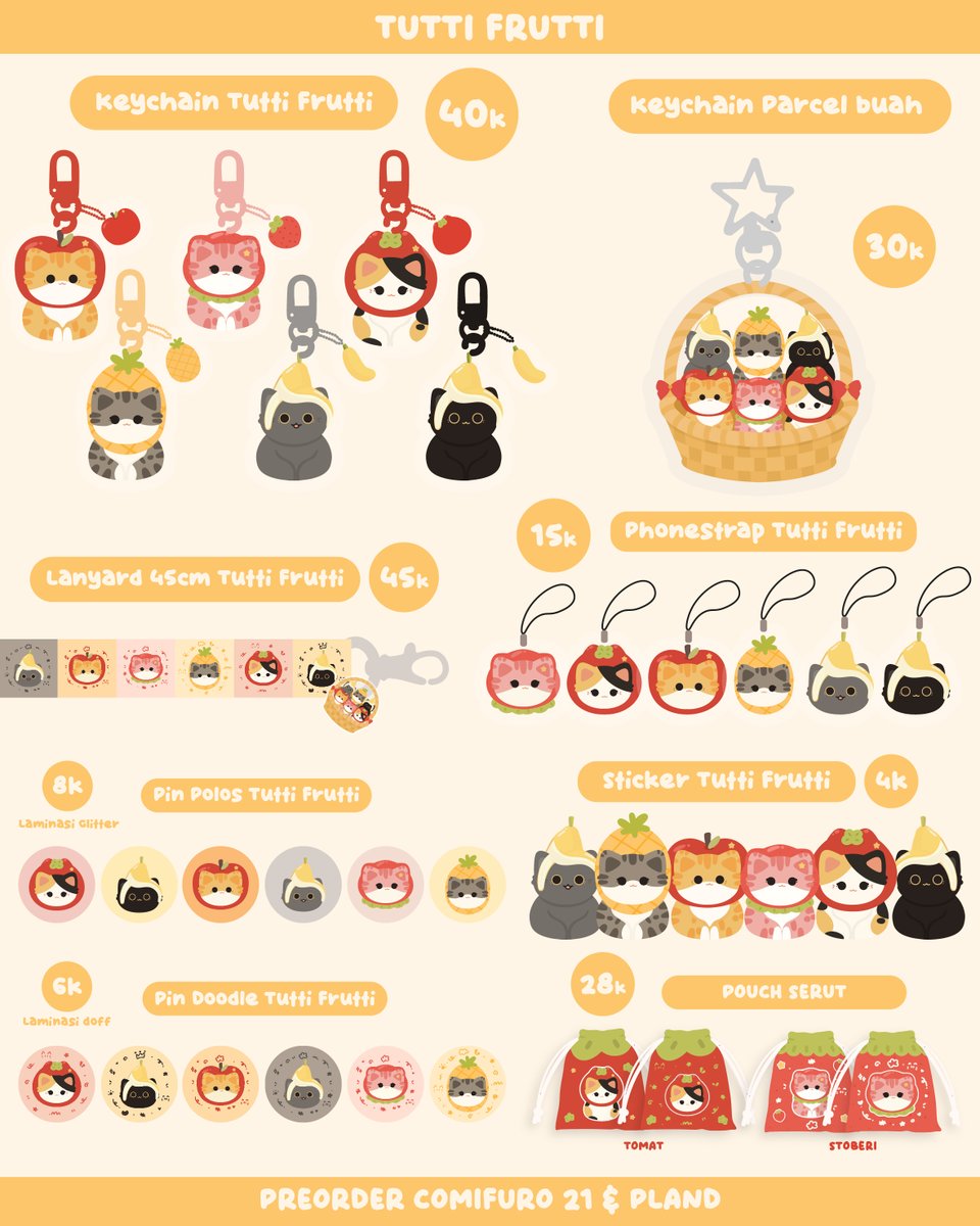 🔁&amp;❤️are appreciated✨
Hai! Cwittea open PO untuk koleksi tutti frutti nih! yuk ikut PO #CF21 nya

🔗 : forms.gle/WRyJRNn1i2TPp8…
📅 : 1 - 15 Okt (utk pickup cf) 
📍 : #CFXXI 15 Nov (day 1 only) kios kiyowok
fandom : animal, kucing, cat🐱🍎🍓

#comifuro21 #cf21catalogue #comifuro