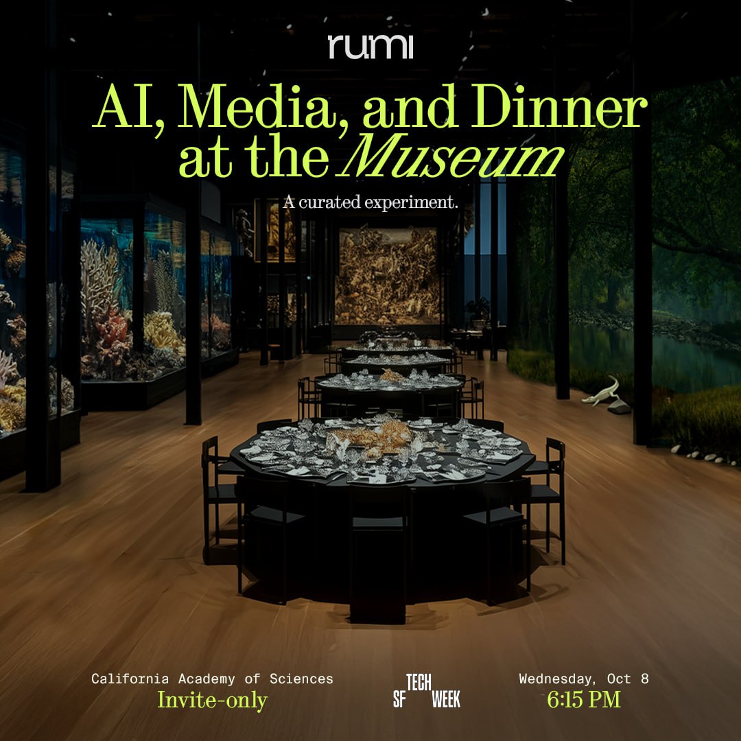 RumiLabs_io's tweet image. Rumi&apos;s at #SFTechWeek

We’re hosting a special event on Oct 8 at the California Academy of Sciences. A few spots are saved for Rumi users.

1. Like this post
2. Repost it
3. Comment below and tag a friend to bring

Do that for a chance to join us. Only a handful of seats left.
