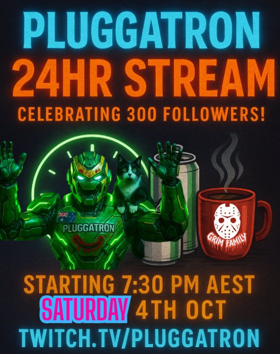 Pluggatron's tweet image. Join us tonight as we celebrate 300 followers on Twitch with a 24-hour extravaganza stream! 🥳🙌

Come on down and say hello, and help keep me awake during my first ever 24-hour stream marathon! 😅

Twitch.tv/Pluggatron 🎮

#twitch #24hour #livestream #celebration…