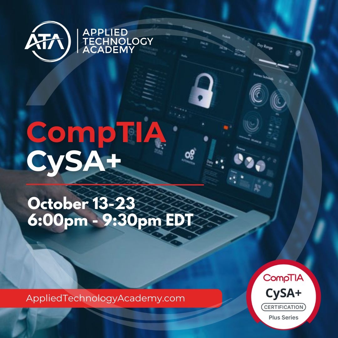 appliedtechac's tweet image. Take your cybersecurity career to the next level with our @CompTIA CySA+ course! 🛡️

Join us from October 13-23, 6:00 PM - 9:30 PM EDT, to master the skills needed to analyze threats, respond to incidents, and monitor and protect corporate networks. This training prepares you for…