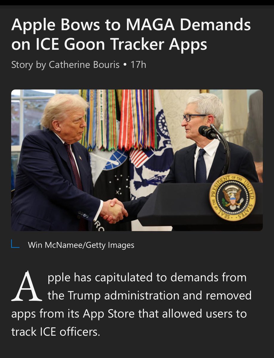 AndrewKolvet's tweet photo. Apple bows to common sense, agrees to not contribute to the murder of ICE agents. There, I fixed it for you. https://t.co/cw9Ef78XSR