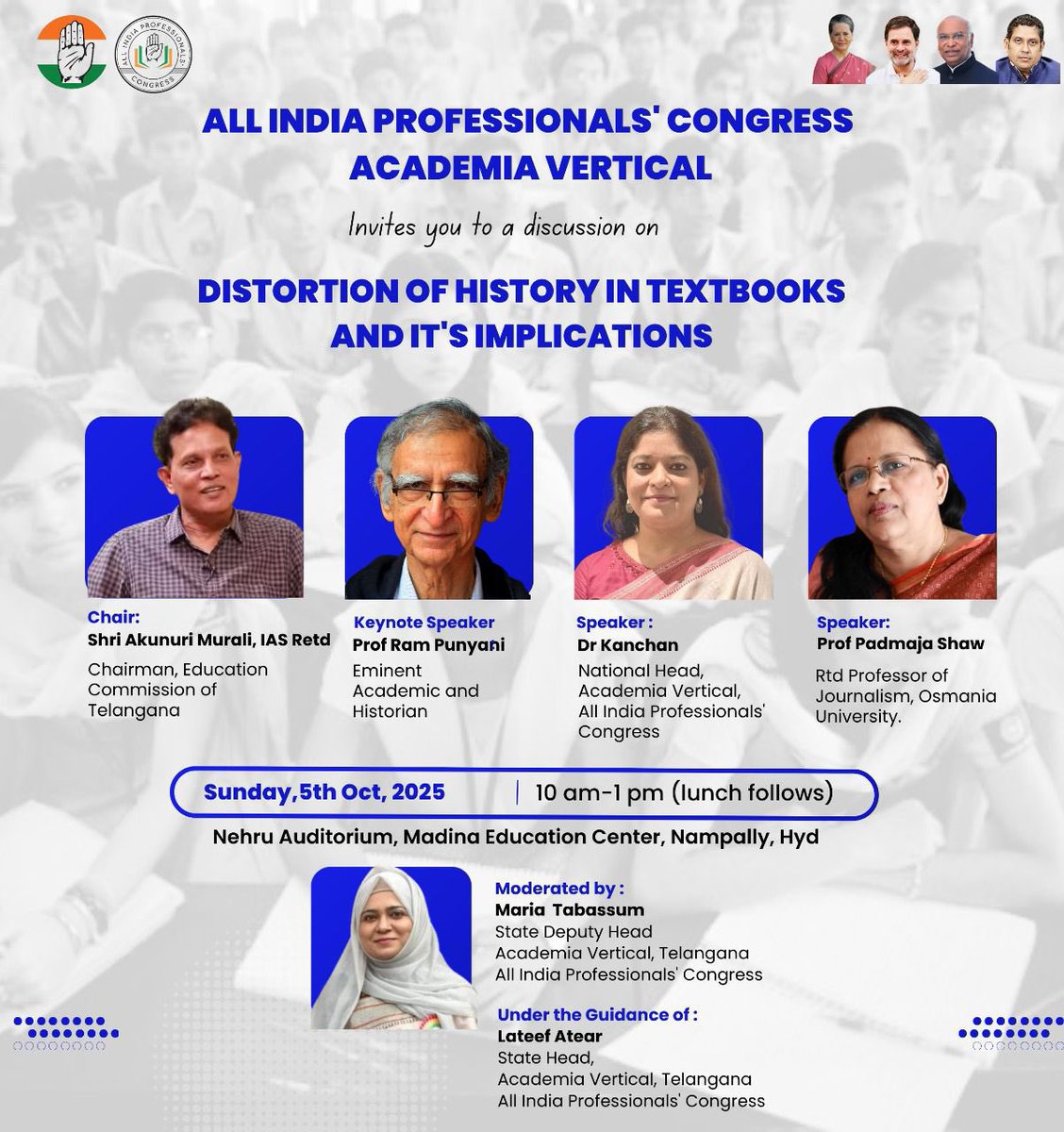 Rajeev01775317's tweet image. The truth of history must be preserved, for distorting it betrays the past and misleads the future.
AIPC Academia Vertical - Telangana, welcomes you to attend  Seminar on Distortion of History in Textbooks&amp;amp; its Implications.
#ProfessionalsForCongress 
#ProfessionalsForProgress