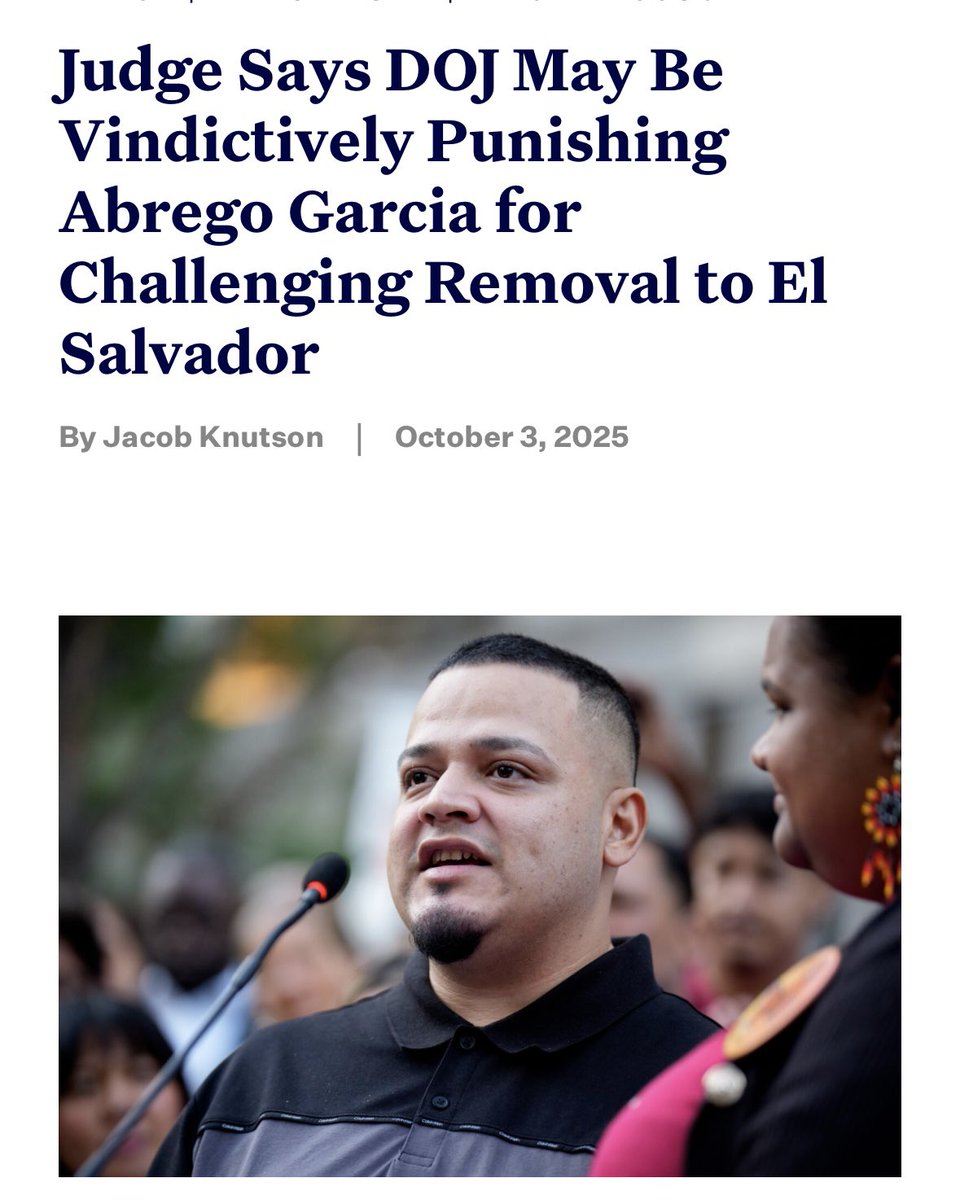 Today a judge said what has been clear from the beginning: the evidence shows the Trump Admin is vindictively punishing Mr. Abrego Garcia for having the audacity to pursue his due process rights.

Those rights MUST be upheld. This is not about one man — it’s about ALL our rights.