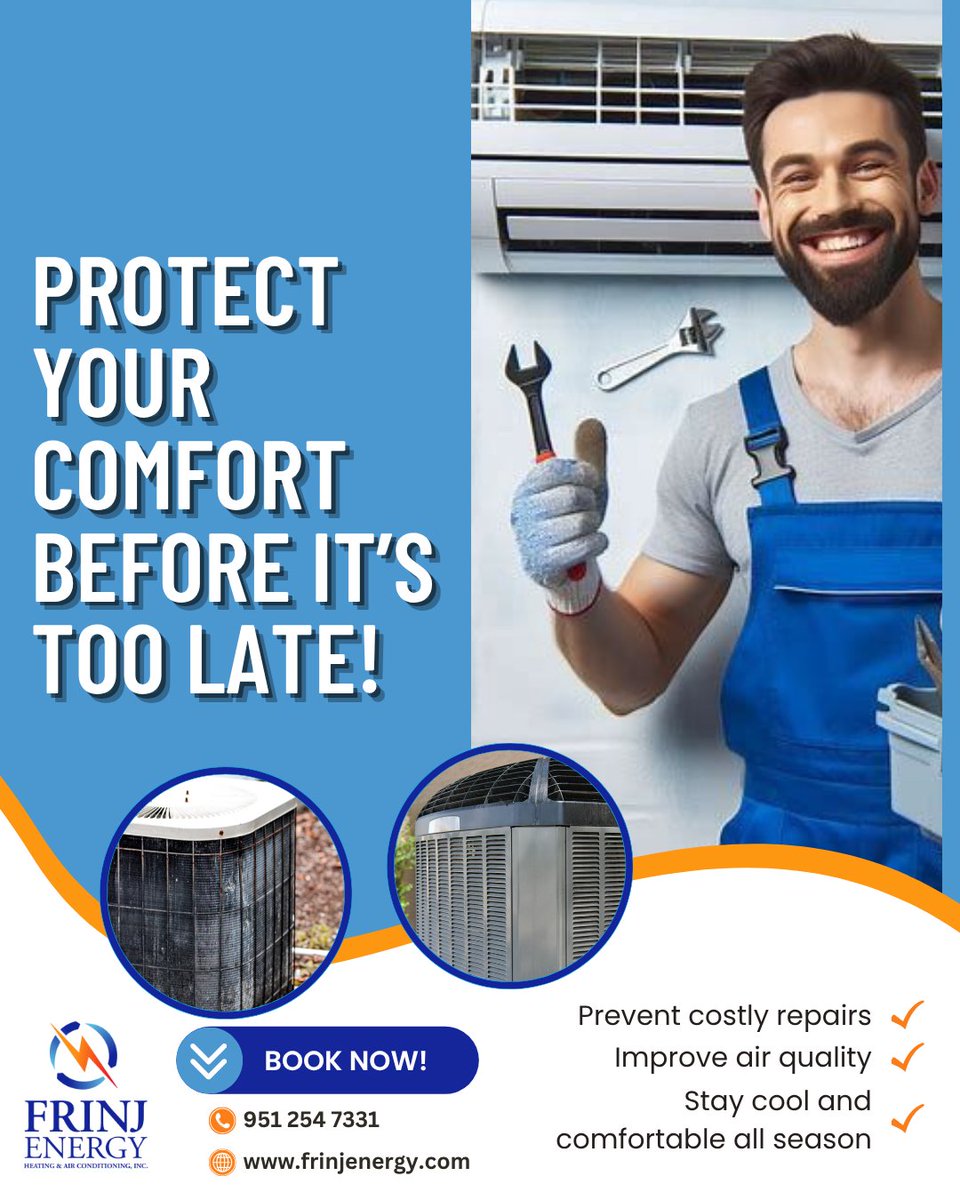 KKreutzerHVAC's tweet image. Don’t wait for AC breakdowns! 

✅Keep your home cool, air clean &amp;amp; avoid costly repairs with Frinj Energy. 

📞 951-254-7331 | 🌐 frinjenergy.com
#ACMaintenance 
#CleanAir 
#WorryFree