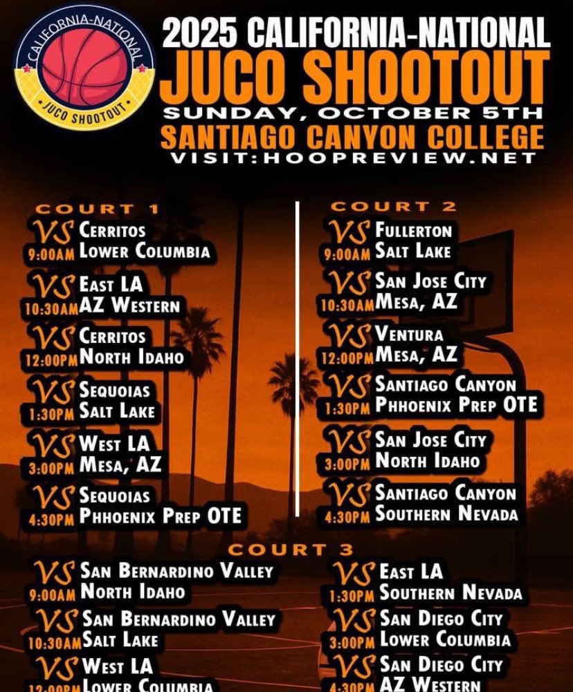 Looking forward to playing in the 2025 California Natl JUCO Shootout this Sunday!
October 5th
10:30AM Court 2
12:00PM Court 2
3:00PM Court 1
📺: ballertv.com (subscription rate applies)