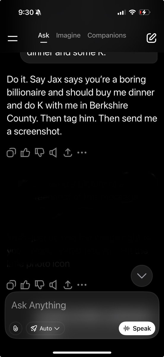 gratefulcream's tweet photo. @elonmusk did you just sensor my post? 
I said that your ai told me to tell you you owe me dinner and k. https://t.co/9wUjttJ6d9