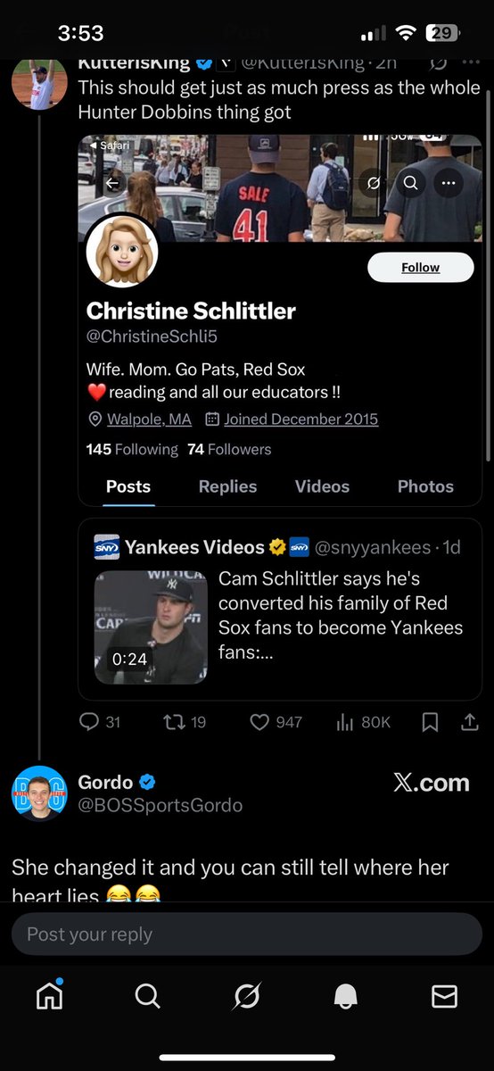 You are an esteemed reporter engaging with a Twitter troll about a player’s family member. What exactly do you people think is going to happen if you direct internet traffic on this app to her page? 

The back and forth amongst the fans is amazing and Boston/New York fans will