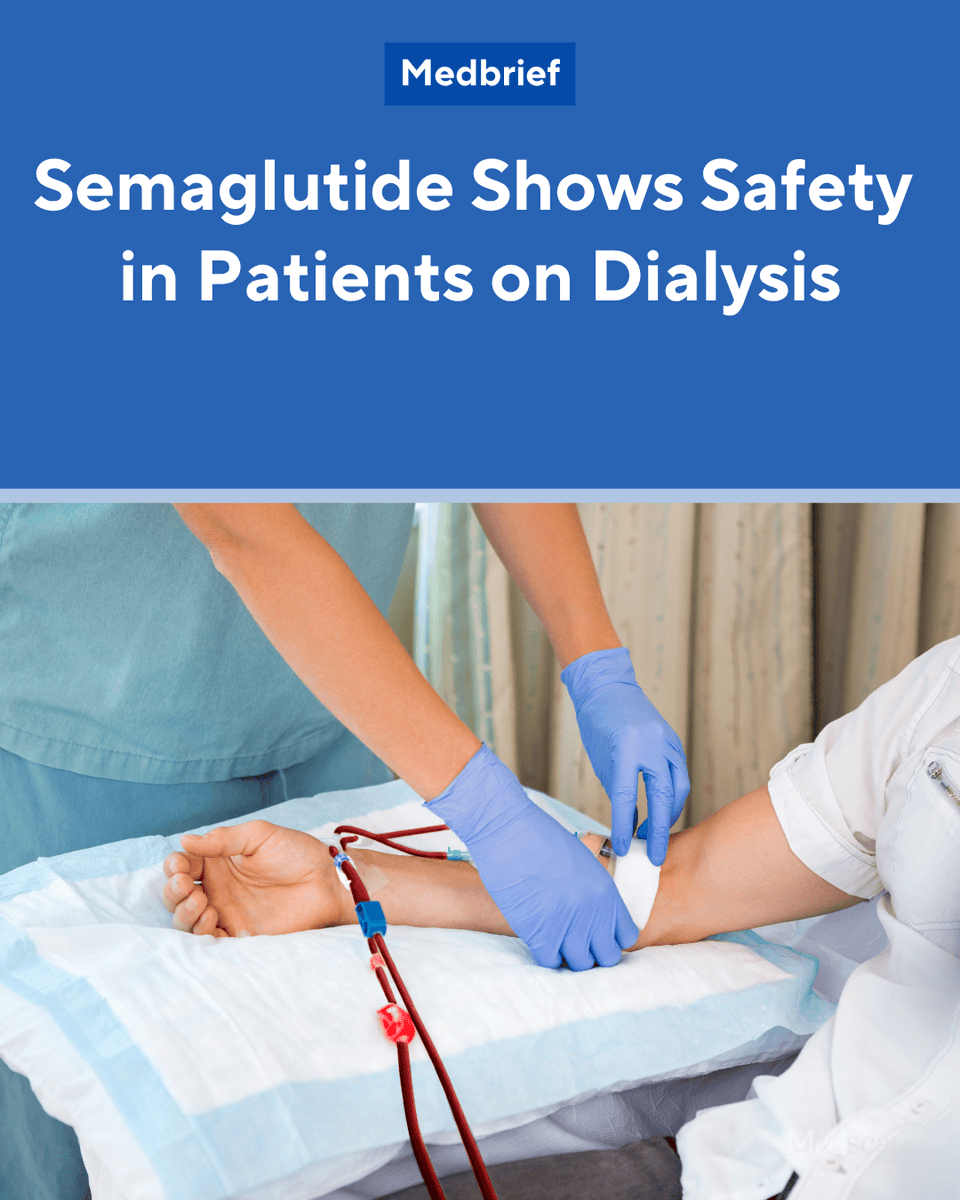 Medscape's tweet photo. For patients undergoing kidney dialysis, the use of GLP-1 receptor agonist semaglutide showed safety, with no significant increase in serious cardiovascular adverse events or mortality. The findings were especially important in the dialysis population, which had a low median survival of just 48 months, primarily driven by cardiovascular complications. https://t.co/d3FEqkEQR0