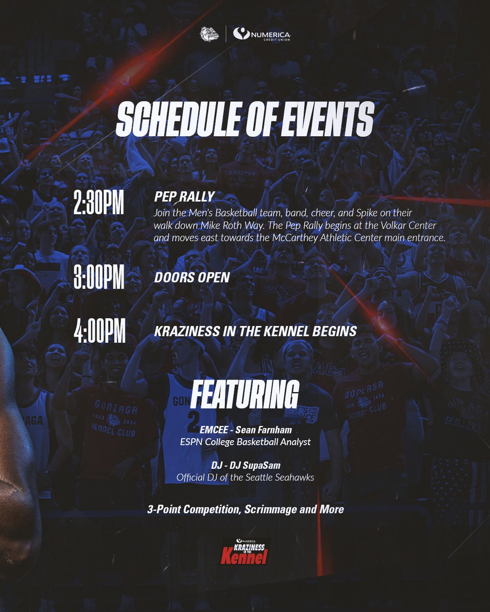 Let's go Krazy.
🕓4 pm
🚪Doors open at 3 pm
📍Spokane, WA
🏟️McCarthey Athletic Center
📺Tape delay on SWX at 7:30 pm
💻Live Stream: tinyurl.com/yc4phdju
📻Live Radio: 590 AM and 96.1 FM and tinyurl.com/3nmc2dr2
📊Live Stats: tinyurl.com/mpue9ert