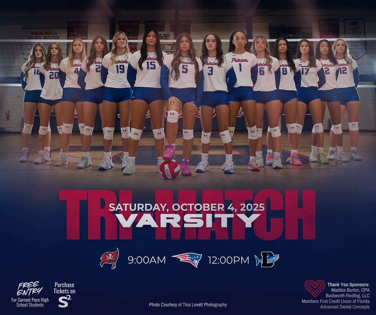 🏐 Come support your #LadyPatriots at tomorrow’s tri-match at Pace High!

📅 9AM – vs. Navarre
🕛 12PM – vs. Destin

🎟 Tickets on S2 Pass
🎓 Pace High students get in FREE w/ student ID

📣 Let’s pack the gym and cheer loud!

#PacePatriotsVolleyball #GoPacePatriots