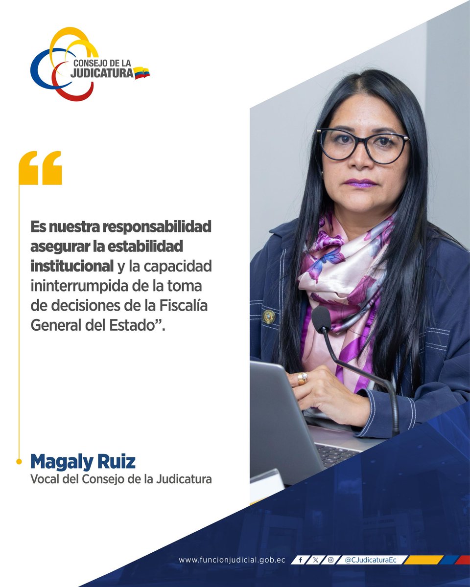🔴 | #DesignaciónFiscal

En su intervención durante la Sesión Extraordinaria Nro. 090-2025, la vocal <a href="/MagalyRuizCajas/">Magaly Ruiz</a> señaló que es responsabilidad del <a href="/CJudicaturaEc/">Consejo de la Judicatura</a> garantizar el adecuado funcionamiento de la #FunciónJudicial. En ese sentido, la designación de un Fiscal General