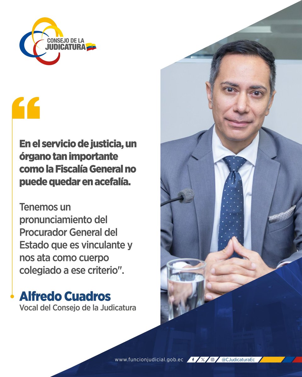 🔴 | #DesignaciónFiscal

El vocal <a href="/_AlfredoCuadros/">Alfredo Cuadros Añazco.</a> destacó que un órgano tan estratégico para la #FunciónJudicial como la <a href="/FiscaliaEcuador/">Fiscalía Ecuador</a> no puede permanecer en acefalía. Subrayó que el pronunciamiento del Procurador General del Estado tiene carácter vinculante, lo que obliga al
