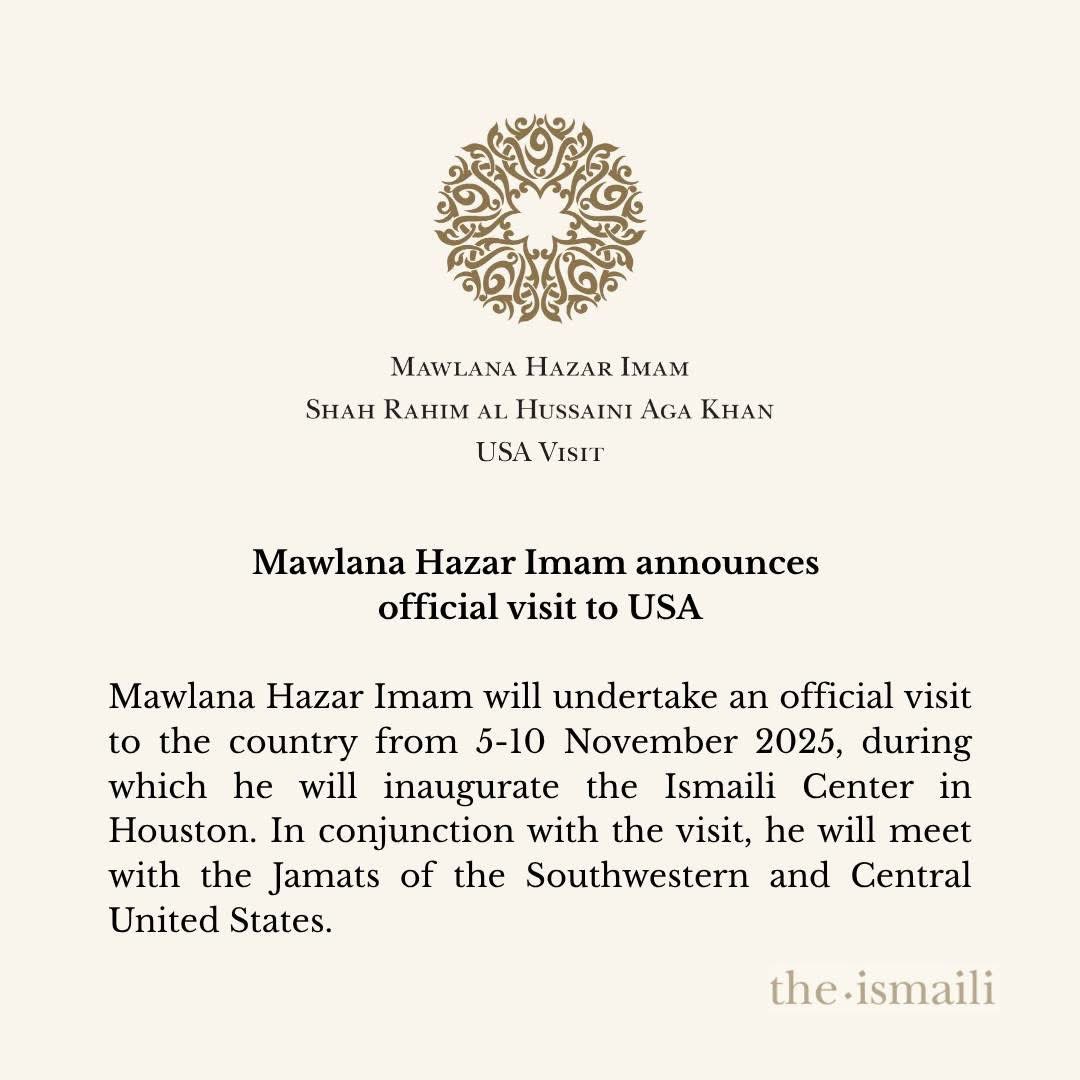 TheIsmailiUSA's tweet photo. Mawlana Hazar Imam announces official visit to USA. https://t.co/QSgrP9Ddvq