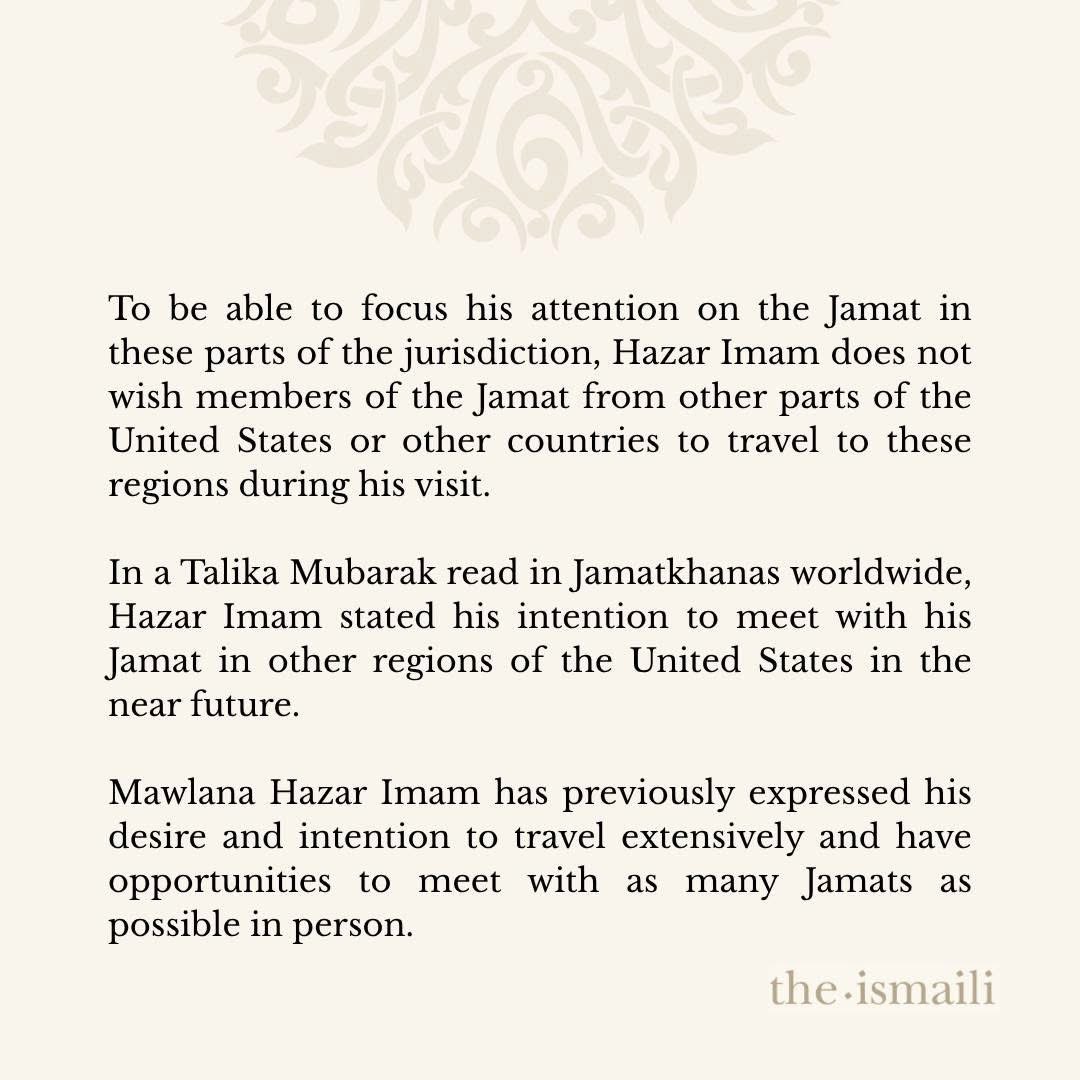 TheIsmailiUSA's tweet photo. Mawlana Hazar Imam announces official visit to USA. https://t.co/QSgrP9Ddvq