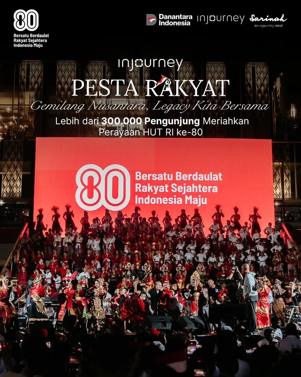 PaluHadir's tweet image. Memperingati HUT ke-80 RI &amp;amp; ke-63 Sarinah, InJourney gelar Pesta Rakyat "Gemilang Nusantara, Legacy Kita Bersama" di Sarinah, 17 Agustus 2025. Kolaborasi budaya, 400+ penari, &amp;amp; 47 UMKM kuliner hadirkan semangat #IndonesiaMaju! 🇮🇩✨

#PestaRakyatdiSarinah #HUTRI80 #Sarinah63