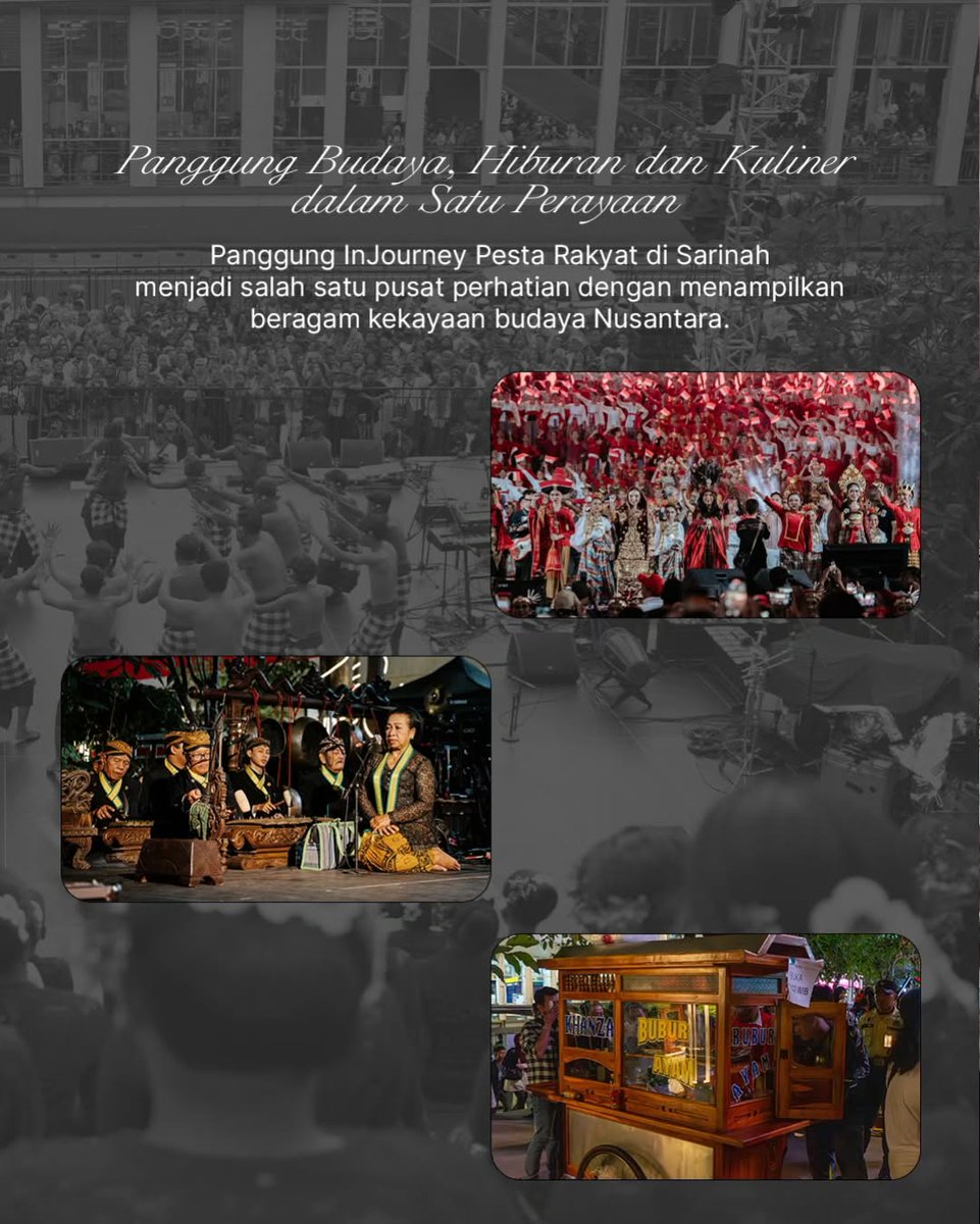 PaluHadir's tweet image. Memperingati HUT ke-80 RI &amp;amp; ke-63 Sarinah, InJourney gelar Pesta Rakyat "Gemilang Nusantara, Legacy Kita Bersama" di Sarinah, 17 Agustus 2025. Kolaborasi budaya, 400+ penari, &amp;amp; 47 UMKM kuliner hadirkan semangat #IndonesiaMaju! 🇮🇩✨

#PestaRakyatdiSarinah #HUTRI80 #Sarinah63