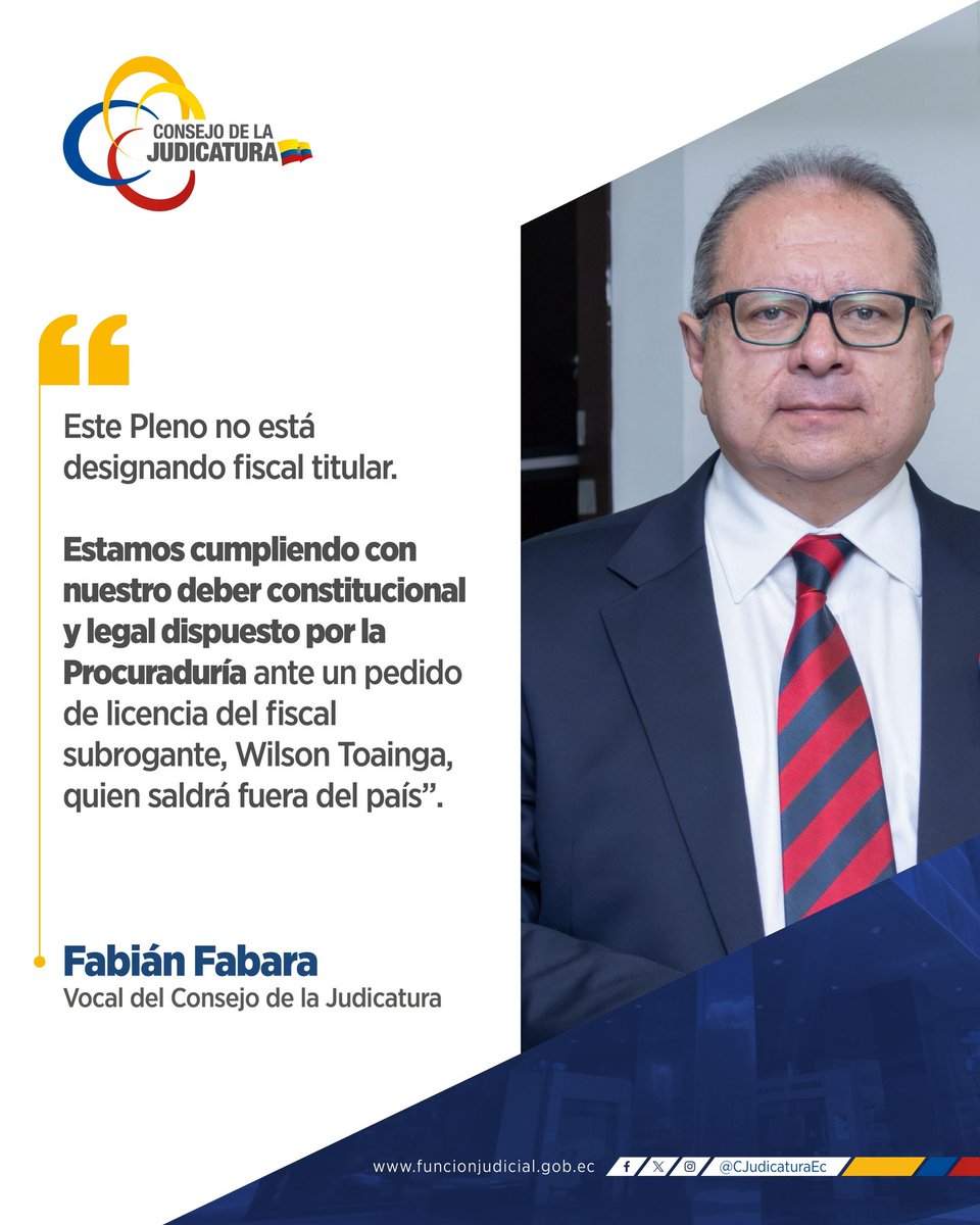 🔴 | #DesignaciónFiscal

El vocal <a href="/FabianFabara/">Fabián Fabara Gallardo</a> precisó que el <a href="/CJudicaturaEc/">Consejo de la Judicatura</a> no está designando a un Fiscal General titular, sino que está cumpliendo con el mandato constitucional y legal dispuesto por la <a href="/PGEcuador/">Procuraduría Ecuador</a>. Esta decisión responde a la necesidad de garantizar la