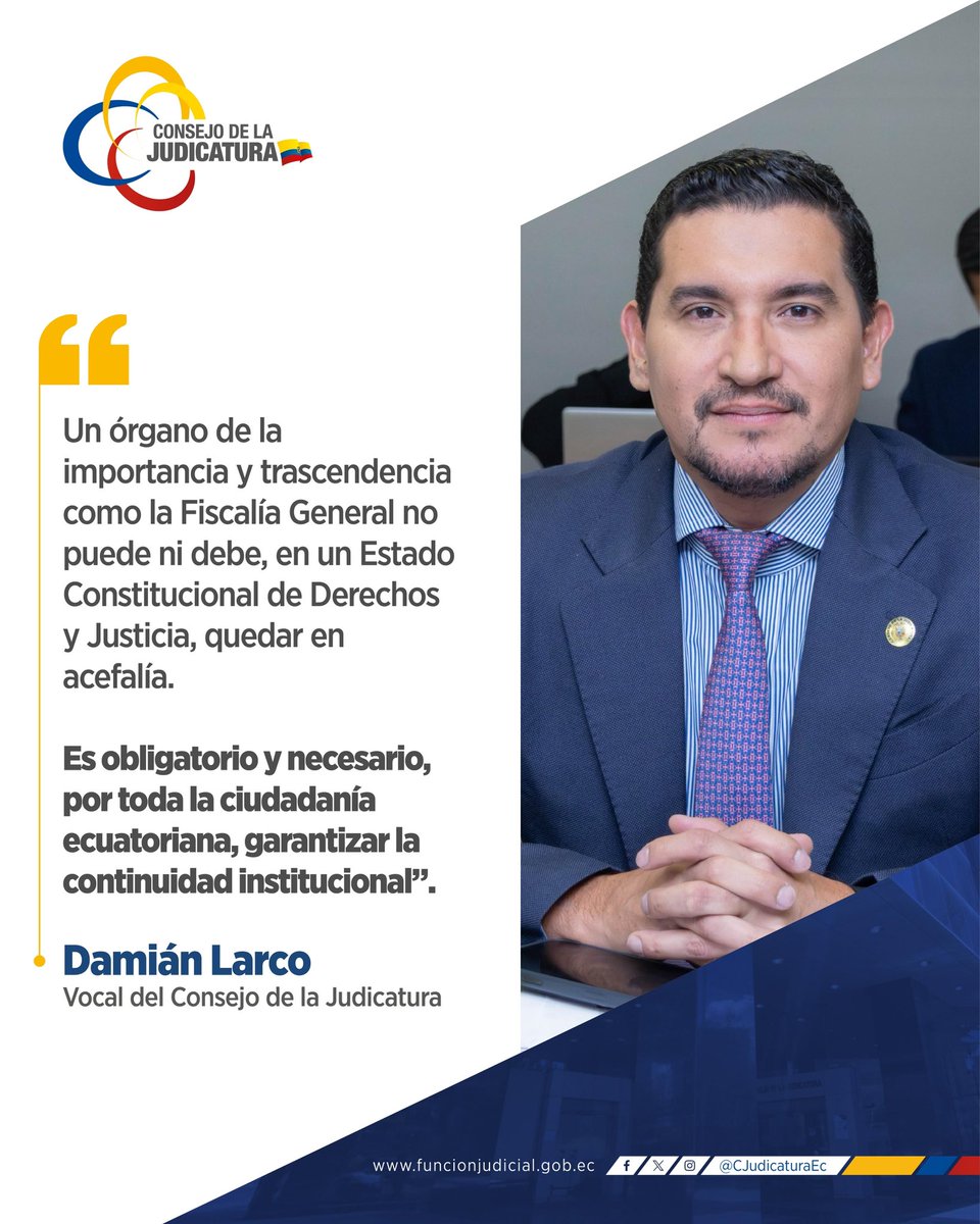 🔴 | #DesignaciónFiscal

"Es obligatorio y necesario, por toda la ciudadanía ecuatoriana, garantizar la continuidad institucional", aseguró el vocal <a href="/DamianLarcoG/">Damián Larco Guamán</a> en referencia a la designación de un Fiscal General Subrogante, durante la Sesión Extraordinaria Nro. 090-2025.
