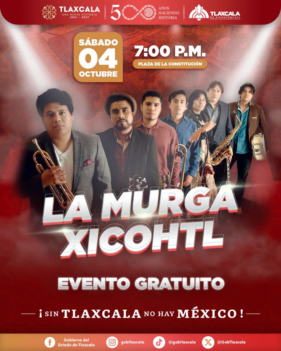 En el marco de los 500 años de Tlaxcala, la música de La Murga Xicohtl llenará de ritmo y alegría la Plaza de la Constitución. 🎺✨
📅 Sábado 4 de octubre
🕖 7:00 p.m.
🎟️ Evento gratuito