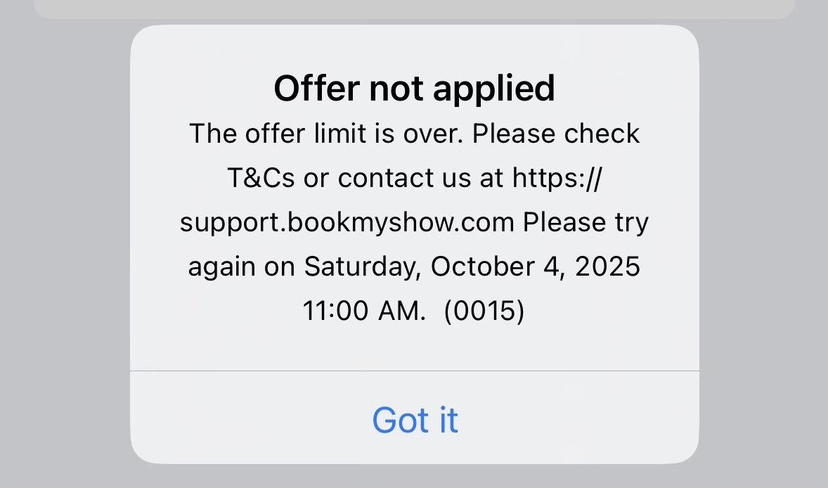 pardhesudesh's tweet photo. Tried to book #movie ticket on @bookmyshow using @ICICIBank #creditcard to avail 25%off offer. The card is accepted but there comes a error message asking me to try again at specific time next day,bcoz of which booking could not be done. Aaisa kaise chalega. https://t.co/qgXUf8u4ON