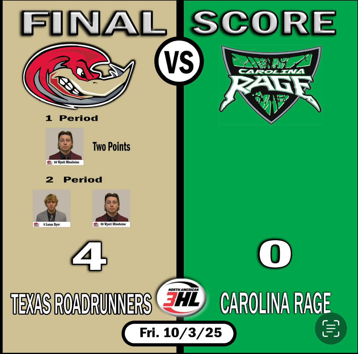 TEXRoadRunners's tweet photo. #FridayFinal @NA3HL @kbtxsports @theeagle @TexSR_Tanner1 @BWRPhoto https://t.co/H1MmiBTMTX