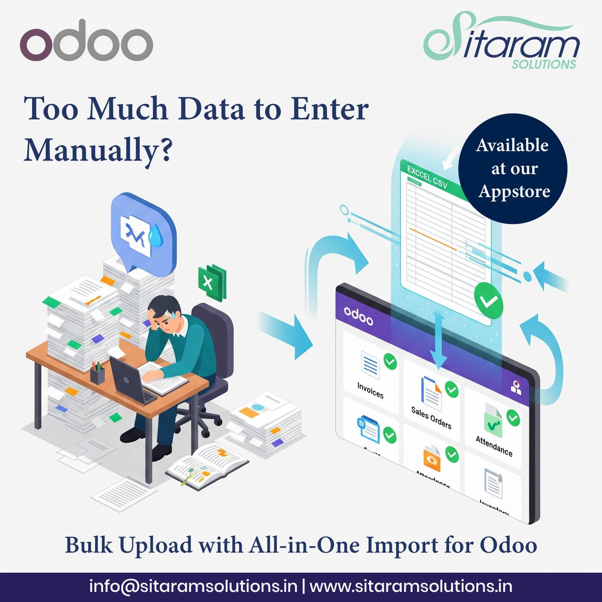 SitaramSolution's tweet image. Importing data into Odoo doesnโt have to be a hassle
All In One Imports brings all your recordsโSales, Purchase, Inventoryโinto Odoo quickly, accurately, and effortlessly.
Try it now: apps.odoo.com/apps/modules/1โฆ
#Odoo #BusinessEfficiency #OdooApps #ERP #Productivity #SitaramSolutions