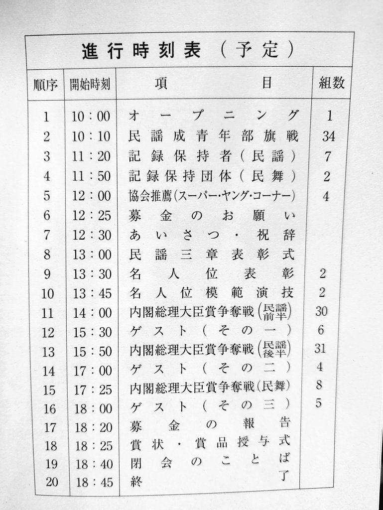 本日10/4（土）の進行表はコチラ✨

#日本民謡協会 
#民謡民舞全国大会