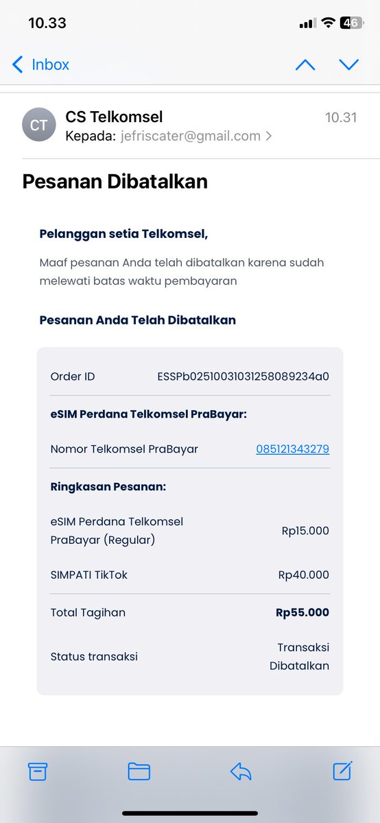 omjef_'s tweet photo. Butut nih @Telkomsel , 
Beli esim, udah bayar, tapi dibatalkan, uang juga tidak kembali.
Percuma disuruh DM, udah dm ga di balas, 👎👎 https://t.co/RNSzpAesQ1