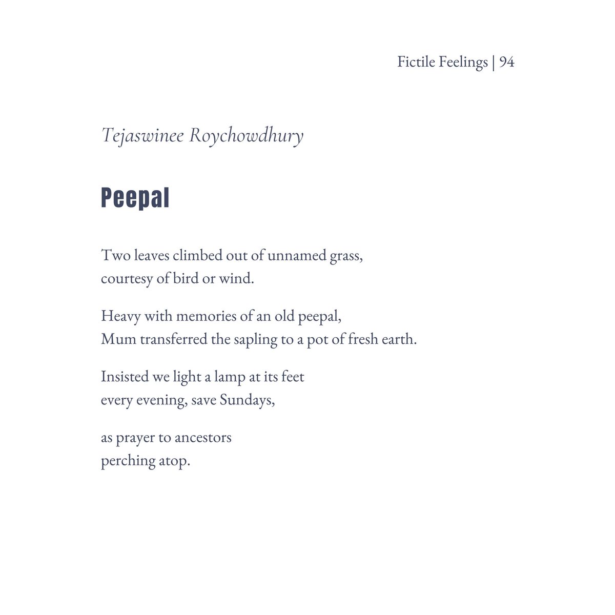Tejaswinee 💛⚖️🖊 (@tejaswineerc) on Twitter photo I'll always feel awkward self-publishing in <a href="/HooghlyReview/">The Hooghly Review</a>. However, when guest editor, <a href="/sanjeevpoems3/">Sanjeev Sethi</a>, insisted on including one of my poems for Fictile Feelings, I had to relent.
This is the fastest I ever made a layout for an issue. I hope you all will enjoy the experience. I'll always feel awkward self-publishing in <a href="/HooghlyReview/">The Hooghly Review</a>. However, when guest editor, <a href="/sanjeevpoems3/">Sanjeev Sethi</a>, insisted on including one of my poems for Fictile Feelings, I had to relent.
This is the fastest I ever made a layout for an issue. I hope you all will enjoy the experience.