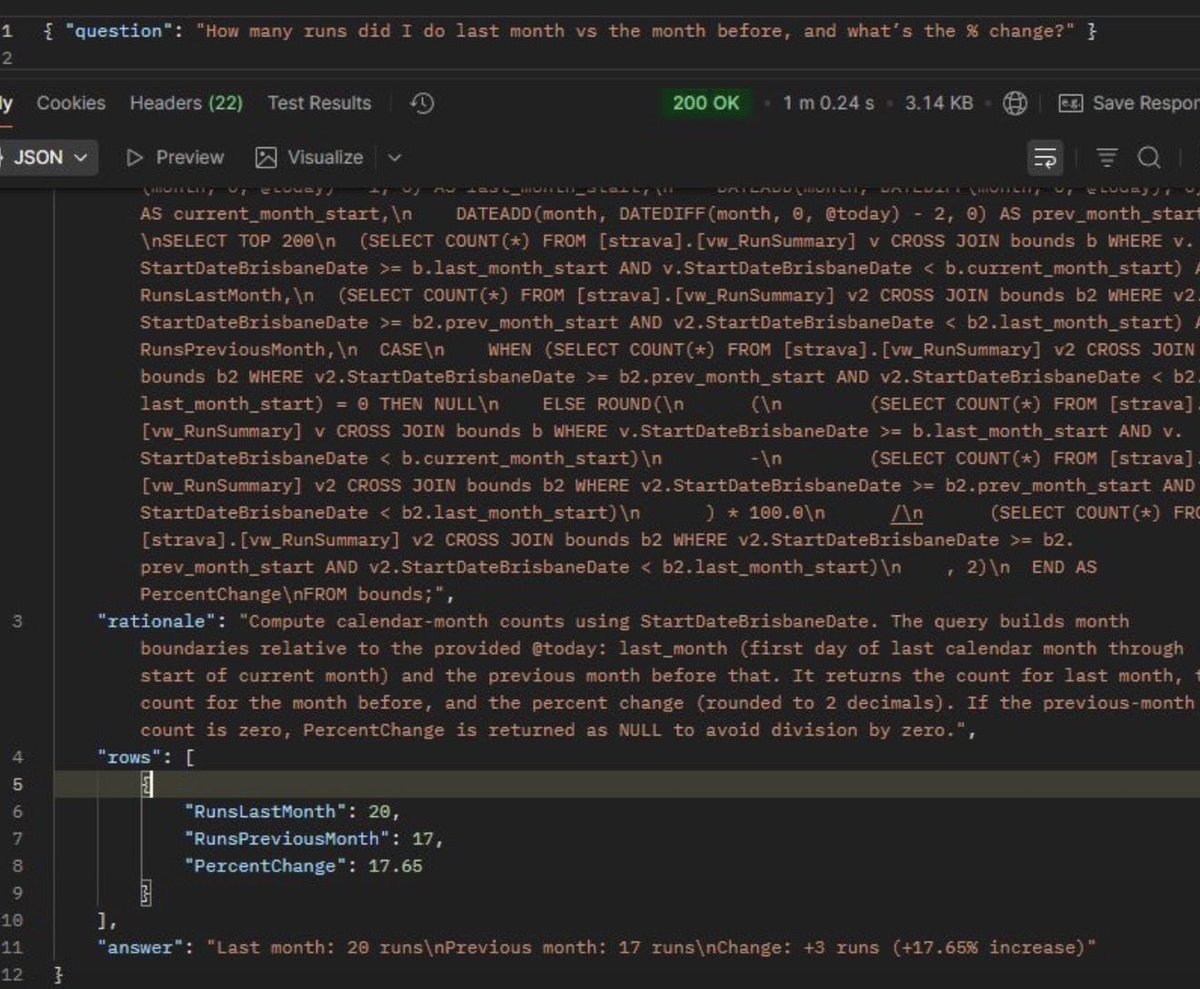 fudgey's tweet image. Dumped my Strava runs into a database that I can query with natural language. Also GG Strava, good luck against Garmin 🤣