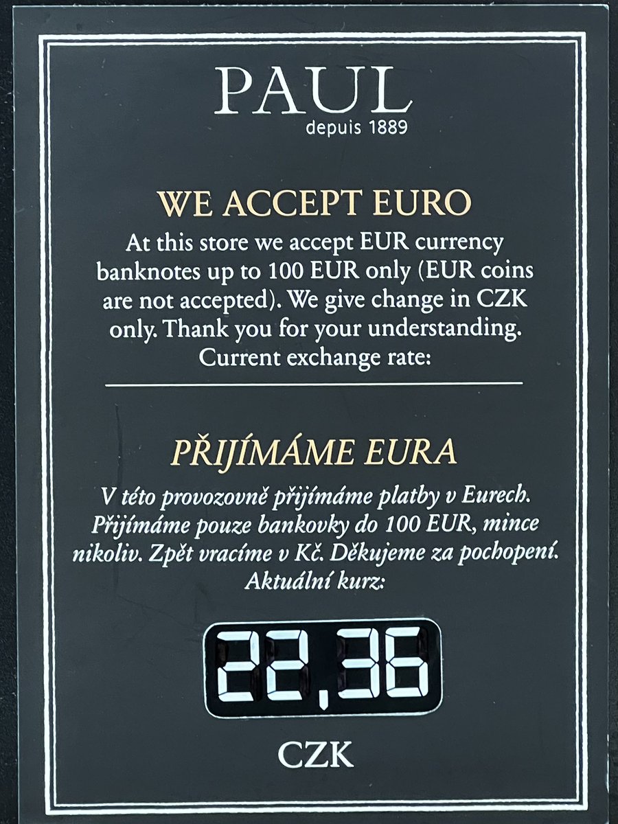 Je nejvyšší čas přijmout euro, abychom nevypadali jako rozvojová země.  Dnešní kurs ČNB je 24,27 Kč za euro. Na letišti o dvě koruny méně 😵‍💫  #NejvyššíČasNaEuro
