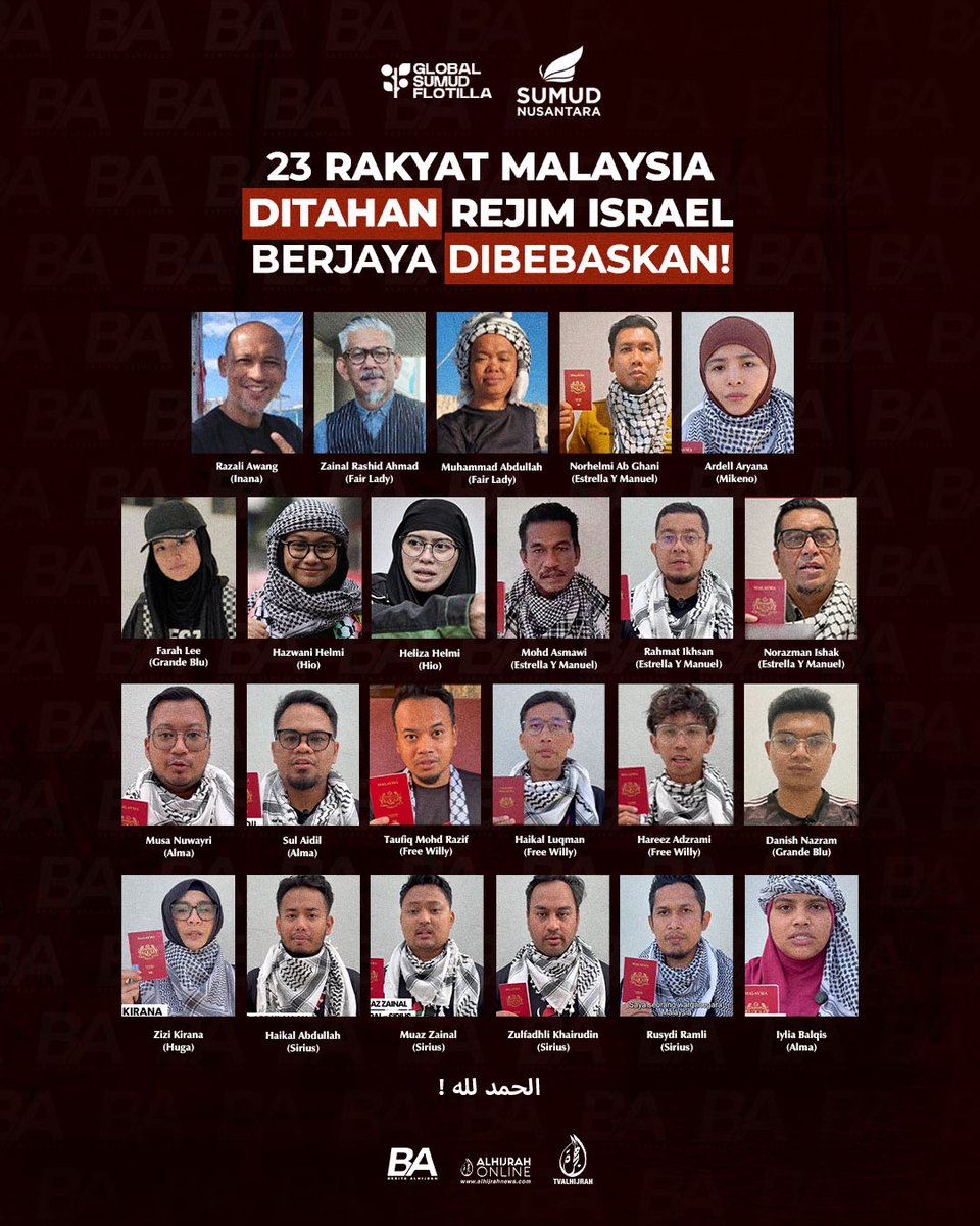 Allahuakbar! Kesemua 23 rakyat Malaysia terlibat misi Global Sumud Flotilla ke Gaza, yang ditahan rejim Israel pada 2 Oktober lepas, hari ini berjaya dibebaskan.

Perdana Menteri Datuk Seri Anwar Ibrahim berkata, kesemua mereka sedang dalam perjalanan menuju ke Lapangan Terbang