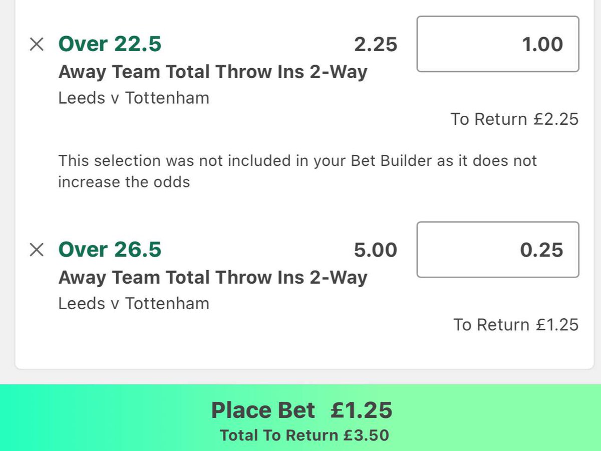 Leeds v Spurs 🏴󠁧󠁢󠁥󠁮󠁧󠁿

- Spurs Over 22.5 Throw Ins @ 2.25 (1u) 

- Spurs Over 26.5 Throw Ins @ 5.00 (0.25u) 

Bet365 📚

Leeds opponents have had 28, 28, 25, 24, 28, 21 this season in the league, Sheff Wednesday had 18 despite Leeds having 80% possession. Leeds opponents in the