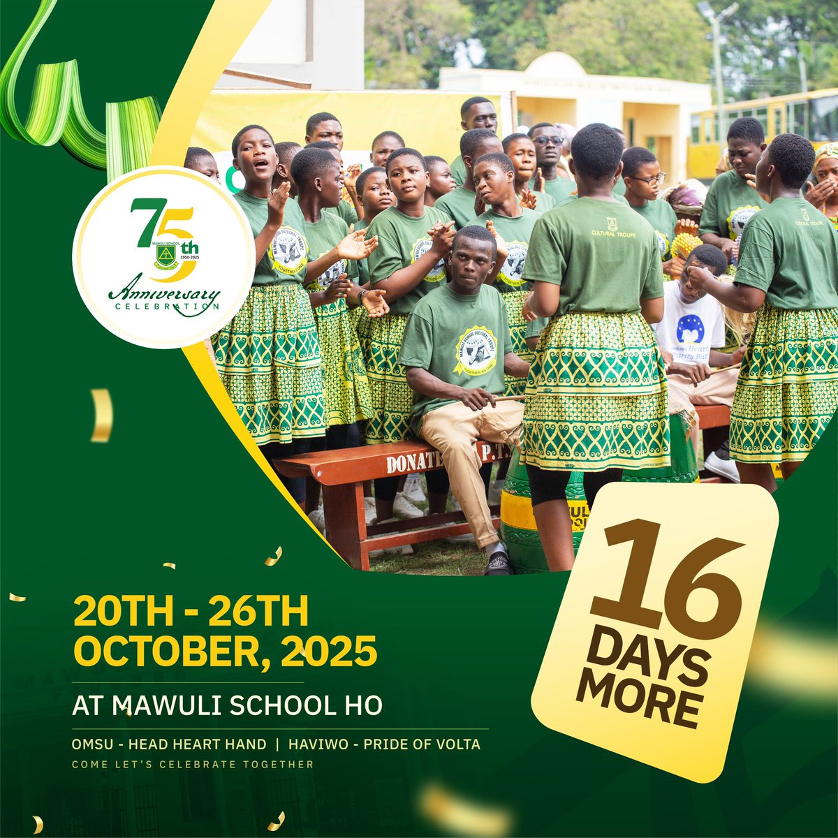 OMSUOfficial's tweet image. 16 Days More
💚💛 16 DAYS! 💛💚
We’re not slowing down — we’re heating up!
✨ 75 years of greatness deserves 75 years of thunderous celebration!

#MawuliAt75 #16Days