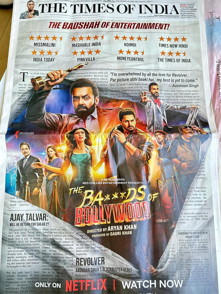 Srk_bangalore's tweet photo. A debut that screams legacy! ❤️ Aryan Khan’s ‘The BA***DS Of BOLLYWOOD’ lands on the front page 🔥 
@timesofindia @iamsrk @gaurikhan @RedChilliesEnt @NetflixIndia

#TheBadsOfBollywood https://t.co/6Iqld4DM4m