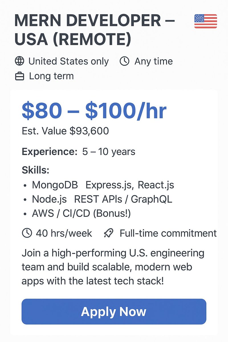 Bhuwanchet67277's tweet image. ⏰ 40 hrs/week | 🚀 Full-time commitment
🌟 Join a high-performing U.S. engineering team and build scalable, modern web apps with the latest tech stack!

👉 Apply Now: 
app.usebraintrust.com/r/codetodeploy…

#MERNDeveloper 
#RemoteJobs 
#USJobs 
#DeveloperJobs 
#FullStack 
#NodeJS 
#ReactJS