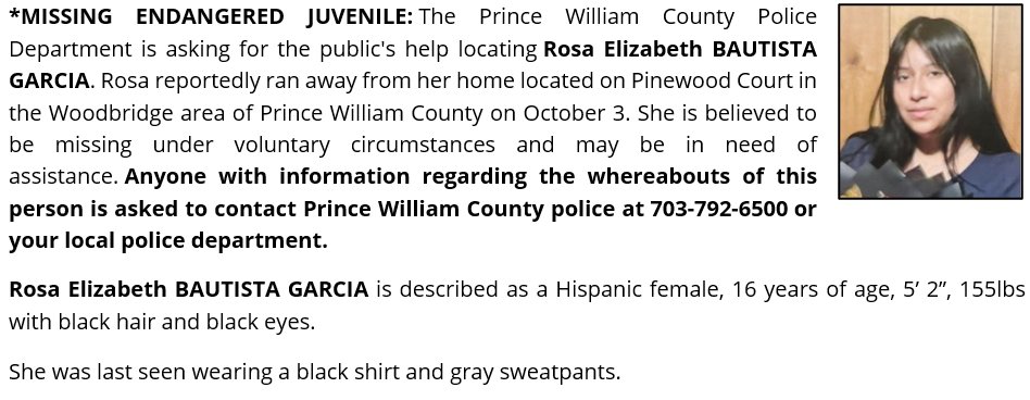 PWCPolice's tweet photo. *Missing #ENDANGERED JUVENILE: #PWCPD is asking for assistance locating Rosa Elizabeth BAUTISTA GARCIA, 16, of #Woodbridge. Last seen on October 3. Call police if you have seen this #MissingPerson. More info: https://t.co/6E0V7M7Le5