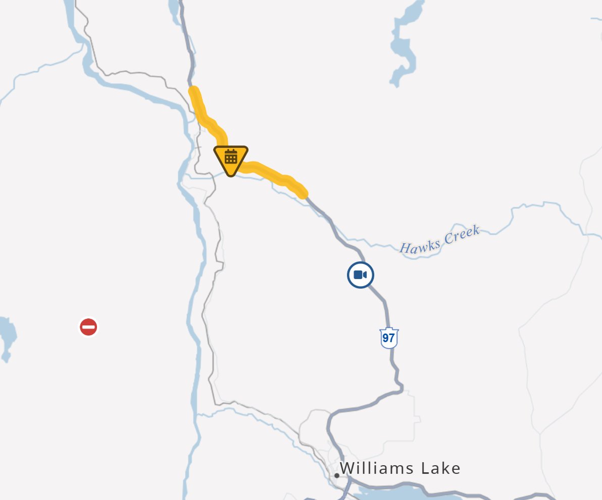 DriveBC's tweet photo. 🚧👷♀️#BCHwy97 - Road construction in both directions between Lynes Creek Road and Robertson Road will have single lane alternating traffic in effect. 7:00 AM to 9:00 PM until October 6th. Expect delays due to slow-moving equipment. #WilliamsLakeBC #McLeeseLakeBC
ℹ️For more info:
https://t.co/Xv3RkaqE9q